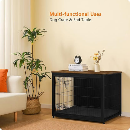 DWANTON Dog Crate Furniture with Cushion, Wooden Kennel Table with Double Doors, Indoor Dog House, Large Size, 38.5" L, Black+Warm Brown