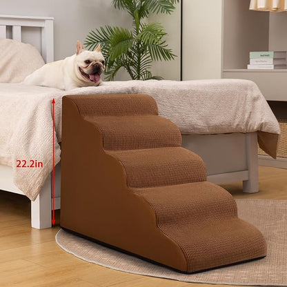 5-Step Dog Stairs and Ramp for High Bed,Non-Slip Sturdy Pet Steps for Small Dogs and Cats,22.2" H,Brown