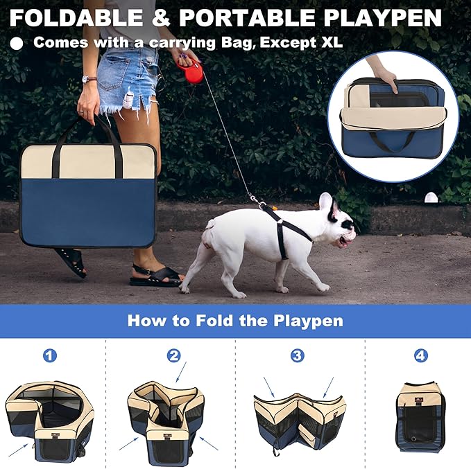 Aivituvin Dog Playpen, Foldable Pet Play Pens with Carrying Bag for Cat, Puppies, Rabbits, Portable Dog Tent Crates Cage for Travel Camping Indoor Outdoor, Removable Shade Cover, Blue L