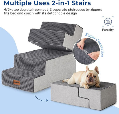 Dog Stairs for Large Dogs - Extra Wide Pet Stairs 2 in 1 with Zippers Suitable for Couch and Bed, Foam Dog Steps with Non Slip Bottom Grey 4 Steps, Grey