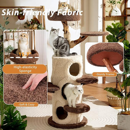 54.7'' Modern Cat Tree for Indoor Cats Large Adult, Wood Cat Tree with 3 Spacious Condos, Luxury Cat Tower with Cozy Perch, Scratching Post, Sturdy Kitty House Furniture for Small Medium Large Cats