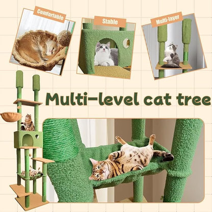 96.5"-108" Cat Tree Floor to Ceiling 7-Tier Cat Tower Adjustable Height with Scratching Posts, Cozy Hammock, Cat Condo for Indoor Cats(Green)