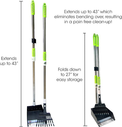 Aluminum Telescoping Metal Handled Poop Tray with Rake Sturdy Lightweight Pooper Scooper Extends 43" Long Scoop Great for Large & Small Dogs (2154)