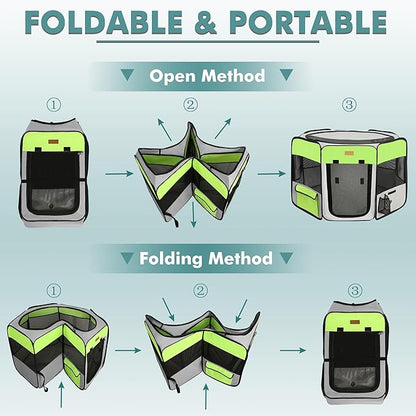 Dog Playpen, Portable Pet Play Pen for Cat, Puppies, Rabbits, Chickens, Foldable Large-Capacity Pet Tent for Indoor/Outdoor Travel Camping Green