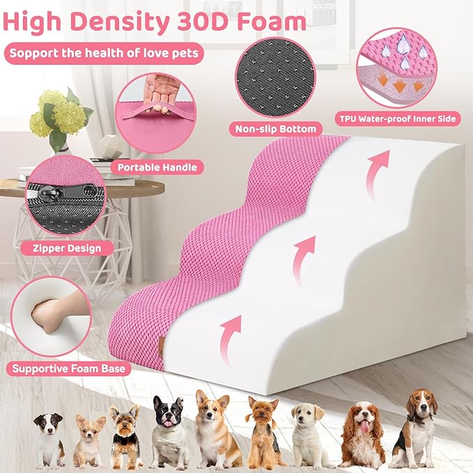 Dog Ramp and Stair for Bed 16" H-20 H,3-Step Cat Stair for Sofa and Chair,4-Step Dog Ramp for High Bed and Window,Durable Nonslip Fabric Cover for Indoor (Pink-16 H, Pet Friendly, 3)