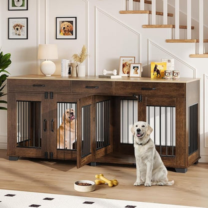 71 Inch Dog Crate Furniture for 2 Rooms, Wooden Double Crate Large Breed with Door, Dog Kennel Indoor, TV Stand End Table with Divider for Large Medium Dogs,Brown