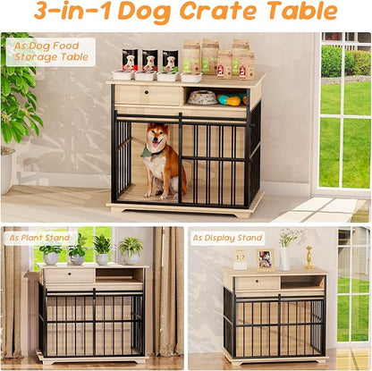 35.5" Dog Crate Furniture, Wooden Dog Crate Furniture for Medium Small Dogs, Wooden Dog Kennel End Table with Drawer and Open Shelves, Sliding Door Dog Kennel Furniture