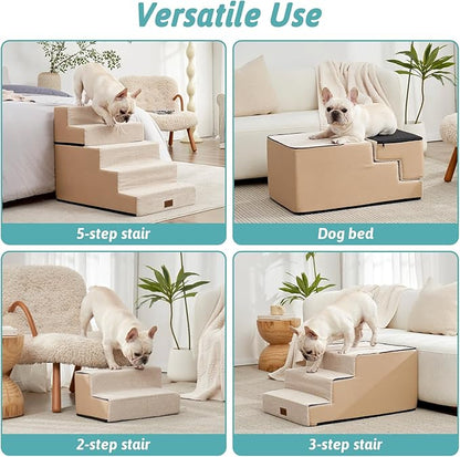 Dog Stairs for Small Dogs, 5 Tier Removable Wider Pet Stairs for Couch and Bed, 23.6" H Non-Slip Dog Steps for Puppies and Old Cats with Support Board, 29.5x19.7x23.6 inch, Beige