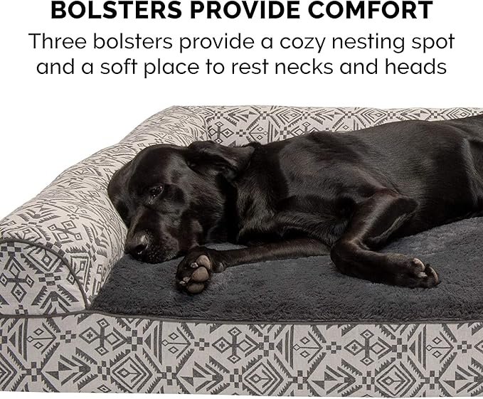 Furhaven Orthopedic Dog Bed for Large Dogs w/ Removable Bolsters & Washable Cover, For Dogs Up to 125 lbs - Plush & Southwest Kilim Woven Decor Sofa - Boulder Gray, Jumbo Plus/XXL