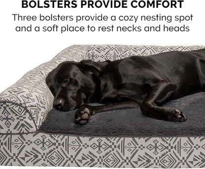 Furhaven Orthopedic Dog Bed for Large/Medium Dogs w/ Removable Bolsters & Washable Cover, For Dogs Up to 55 lbs - Plush & Southwest Kilim Woven Decor Sofa - Boulder Gray, Large