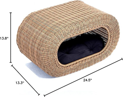 Fun Stackable Wicker Cat Hideaway House - Interactive Play Rattan Cat House for Indoor Cats Kitty, Pet Friendly Top/Side House Entry, Cat Bed Enclosed