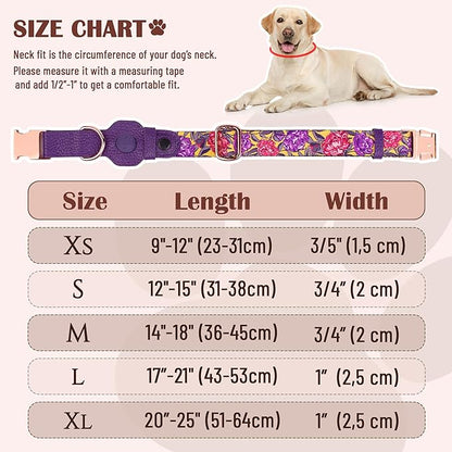 AirTag Dog Collar for Small Medium Large Breed - Adjustable Cute Pattern Dog Collar with Airtag Holder - Soft Leather Tracker GPS Apple Air Tag Pet Collars (X-Large, 20"-25" Neck Fit, Peonies)
