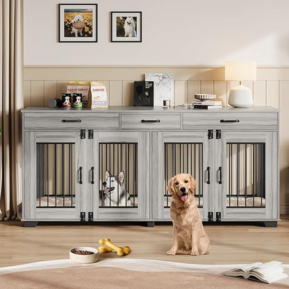 71 Inch Dog Crate Furniture for 2 Rooms, Wooden Double Crate Large Breed with Door, Dog Kennel Indoor, TV Stand End Table with Divider for Large Medium Dogs,Grey