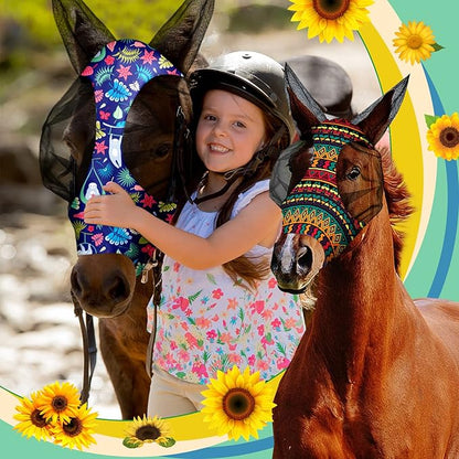 Frienda 4 Pieces Horse Fly Masks with Ears Face Covering UV Protection from Insect Pests Elasticity Smooth Comfortable Mesh Horse Mask Accessories(Geometric,Medium)