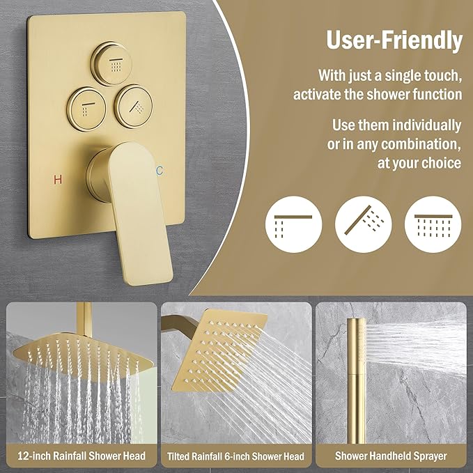 12 Inch Rain Shower System, Brushed Gold Shower Faucet Set with Push Button Diverter, 6 Inch Wall Mounted 3-Functions Bathroom Shower Systems with Dual-Function Handheld