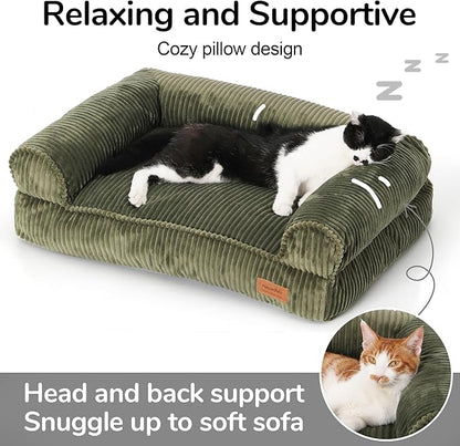 FUKUMARU Dog Couch Bed, Corduroy Cozy Cat Bed for Indoor Cats with Washable Cover, Supportive Waterproof Dog Beds Sofa for Small Dogs and Large Cats Cute, 28inch, Medium, Green