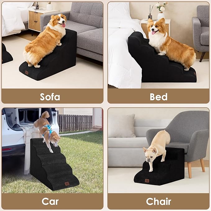 EHEYCIGA Curved Dog Stairs Ramp for Small Dogs 15.7" H, 3-Step Dog Steps for Couch Sofa and Chair, Pet Stairs for Cats, Non-Slip Balanced Pet Steps Indoor, Black