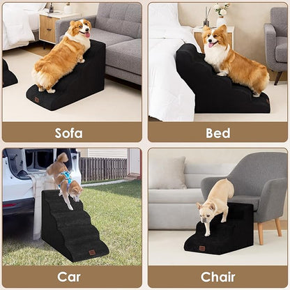 EHEYCIGA Curved Dog Stairs Ramp for Small Dogs 15.7" H, 3-Step Dog Steps for Couch Sofa and Chair, Pet Stairs for Cats, Non-Slip Balanced Pet Steps Indoor, Black