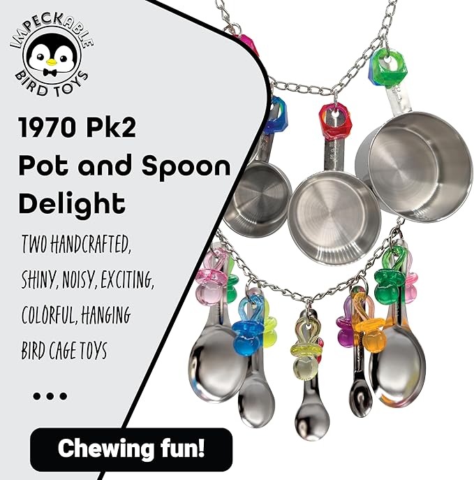 1970 Pk2 Pot and Spoon Delight Features Shiny pots and Spoons with Acrylic Rings and Pacifiers, Handcrafted for African Greys Amazons Macaws