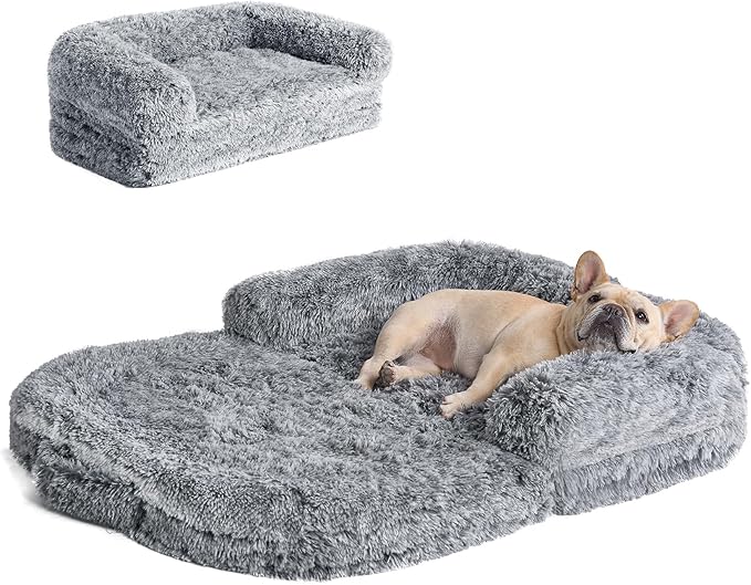 EHEYCIGA Foldable Dog Bed, Faux Fur Fluffy Dog Couch Bed, Orthopedic Calming Memory Foam Pet Bed for Small Dogs, Washable Soft Warm Pet Sofa Bed with Non-Slip Bottom, Grey, 40"x30"x6"