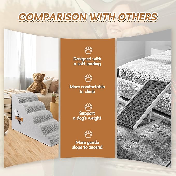 Dog Stairs, Romrol Dog Steps Ramp for High Bed and Couch, Dogs Ramp with Durable Non-Slip Waterproof Fabric Cover, Pet Stairs for Small Dogs and Cats or Pets Joints, 4-TiersLight Grey