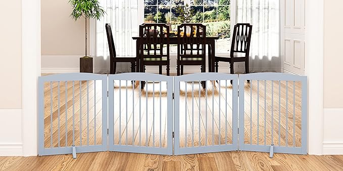 Freestanding Pet Gate - Foldable Wooden Dog Gate for House, Indoor, 80 Inch Wide, 4 Panels 24", Grey