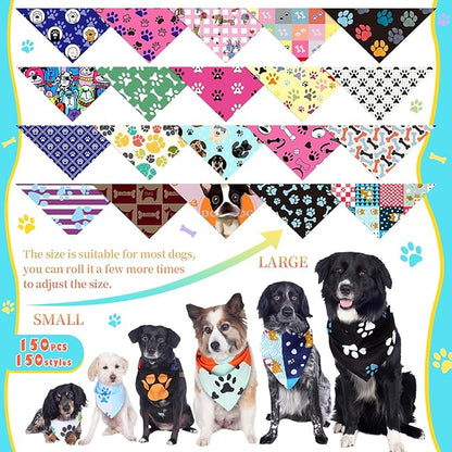 150 Pcs Dog Bandanas Bulk Pet Bibs Colorful Triangle Scarf Pet Bandanas for Medium Large Dogs Spring Summer Birthday Costume Decoration (Paw)