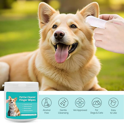 Ear Wipes for Dogs & Cats - Comfortable Finger Design, Gentle Ear Wax, Debris, and Dirt Cleaning | 50-Count Pack
