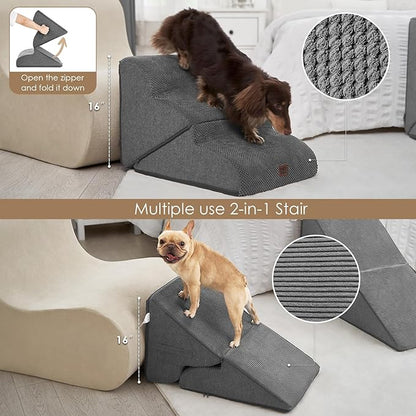 EHEYCIGA Curved Foldable Dog Stairs Ramp for Small Dogs 16" H, 3-Step Dog Steps for Couch Sofa and Chair, Pet Stairs for Cats, Non-Slip Balanced Pet Steps Indoor, Grey