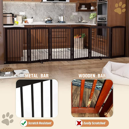Freestanding Pet Gate for Dogs, Indoor Wooden Foldable Dog Gate for House, Extra Wide, Pet Fence for Stairs, Doorways, Halls, Support Feet Included, 120 Inch Wide, 6 Panels 32",Brown