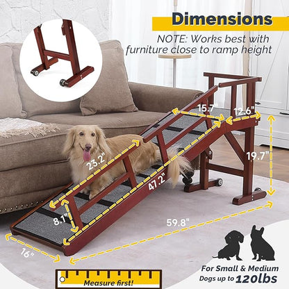 Dog Ramp for Bed or Couch, Wooden Pet Ramp with 20° Gentle Slope, Removable Side Rails, Non-Slip Surface, Top Platform & Wheels, Safe Bed Ramp for Small, Medium & Senior Dogs, 60" Long, Mahogany