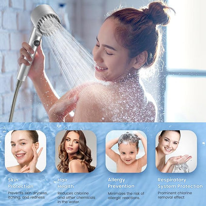 Filtered Shower Head with Handheld, High Pressure Water Flow and Multiple Spray Modes Shower Head with Filter, Power Wash for Hard Water, Showerhead with ON/OFF Switch for Pets Bath (Silver)