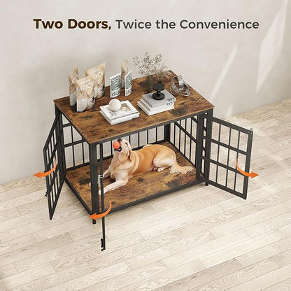38 Inch Heavy Duty Wooden Dog Kennel End Table with Double Door Design and Secure Locks, Indoor Pet Crate Furniture for Medium Dogs, Decorative Home Cage Design,Aged Black
