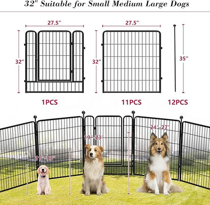 Dog Playpen 32 inch 12 Panels Indoor Dog Pen for Medium/Small Dogs Heavy Duty Metal Dog Fence Outdoor for Yard, Puppy Playpen with Door Portable Pet Fence for RV Camping Yard