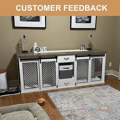 Extra Large Dog Crate Furniture, 85" Sliding Door Double Kennel for 2 Large Dogs Divided, Heavy Duty Wooden Dog Crate Kennel Furniture with 4 Dog Bowls and Drawer Indoor, White