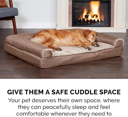 Furhaven Cooling Gel Dog Bed for Large Dogs w/ Removable Bolsters & Washable Cover, For Dogs Up to 95 lbs - Luxe Faux Fur & Performance Linen Sofa - Woodsmoke, Jumbo/XL