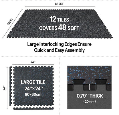 AIRHOP 0.79in Thick 48 Sq Ft Exercise Equipment Mats, 12 Tiles Upgraded Rubber Top with High Density EVA Foam, Large Interlocking Puzzle Gym Flooring for Home Gym, Heavy Weight Workout,Black & Blue