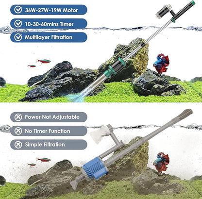 AKKEE Aquarium Vacuum Gravel Cleaner, 8 in 1 Multifunctional 36W Fish Tank Gravel Cleaner Vacuum for Water Changer Wash Sand Water Filter Circulation Waterproof Aquarium Vacuum Cleaner Timed Off