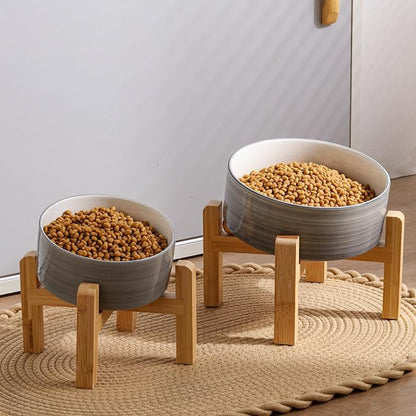 Elevated/Raised 15°Tilted Anti Slip Ceramic Dog Bowls,Slanted Bulldog Pet Food Water Feeding Dish Stand for Cats and Dogs (3.6 Cups/28 OZ) Grey White