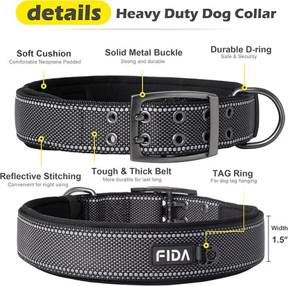 Fida Heavy Duty Dog Collar 1.5” Width, Ultra Soft Neoprene Padded, Adjustable Reflective Nylon Pet Collar with Two Metal Pin Belt Buckle for Large/X-Large Breeds (XL, Black)