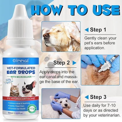 Ear Infection Treatment Drops for Dogs and Cats, Pets Ear Cleaning Solution Drops with 1% Hydrocortisone Soothing Dog Yeast Infection, Itchy Ear Relief, Pet Ear Care Supplies for Dogs & Cats - 2 fl oz