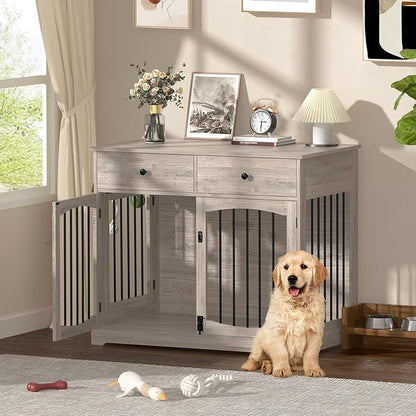 40 Inch Furniture-Style Dog Crate-Multipurpose Wood Pet Crate Furniture with Double Doors,2 Drawers, Decorative Dog House Indoor for Smal/Medium Dogs, Gray Finish