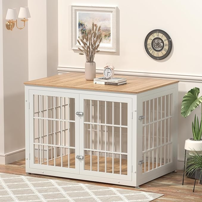 42 Inch Heavy Duty Dog Crate Furniture for Large and Medium Dogs, Decorative Pet House End Table, Wooden Cage Kennel Furniture Indoor, Natural and White