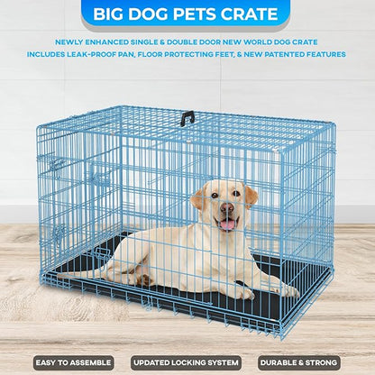 FDW Dog Crate for Large Dogs 42 Inch Folding Metal WirePet Cage Double Door W/Divider Panel Indoor Outdoor Kennel Leak-Proof Plastic Tray,Blue