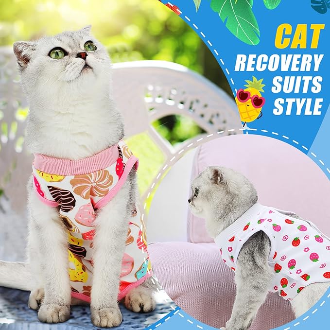 4 Pieces Cat Recovery Suits Body Wraps Breathable Kittens Recovery Clothes for Cats Small Dogs Abdominal Weaning(Banana, Football, Strawberry, Donut,M)