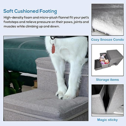 Dog Stairs with Storage Dog Steps for High Beds 3-Step Pet Stairs Ramp with Storage Box and Condo for Small Dogs Cats Pets