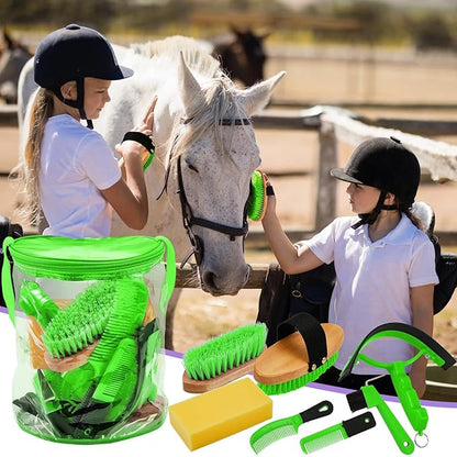 9 Pieces Horse Grooming Kit Tack Room Supplies Set with Organizer Tote Bag, Oval Massage Curry, Hard and Soft Brush, Hoof Pick, Sweat Scraper, Bathing Sponge, Combs for Horse Riders Beginners (Green)
