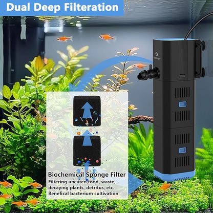 Aquarium Filter for 10-50 Gallon Tank,132GPH Fish Tank Filter 6W Green Clean Machine Submersible Pump Filter for Green Water and Algae Clean,Submersible Internal Filter for Saltwater Freshwater