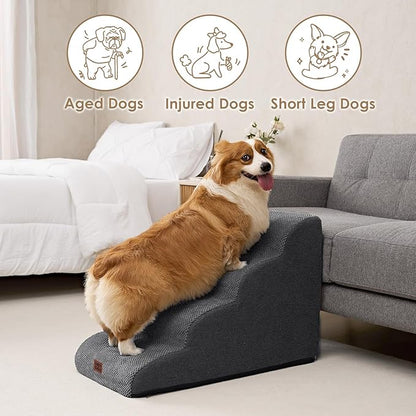EHEYCIGA Curved Dog Stairs Ramp for High Beds 19.7" H, 4-Step Dog Steps for Small Dogs and Cats, Pet Stairs for High Bed Climbing, Non-Slip Balanced Pet Step Indoor, Grey