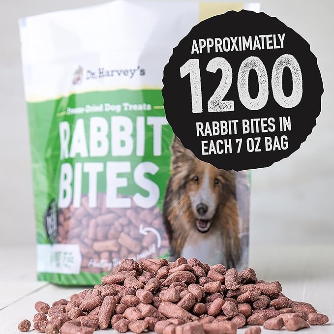 Dr. Harvey's Rabbit Bites Freeze-Dried Raw Dog Treats - Single Ingredient, All-Natural Rabbit Meat Protein for Dogs, Allergen-Free - 7 Ounces (3 Pack)